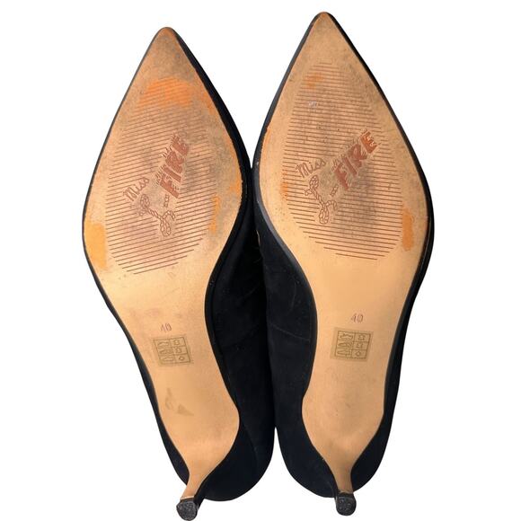 Miss L Fire Marilyn Pointed Toe Black Suede Kitten Heel 1950s Sz 40 Retro Bow EC - Picture 5 of 16